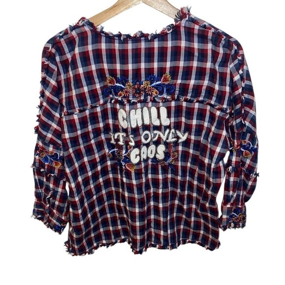 ZARA Boho Chill It’s Only Chaos Plaid Button Down Top - Picture 4 of 7
